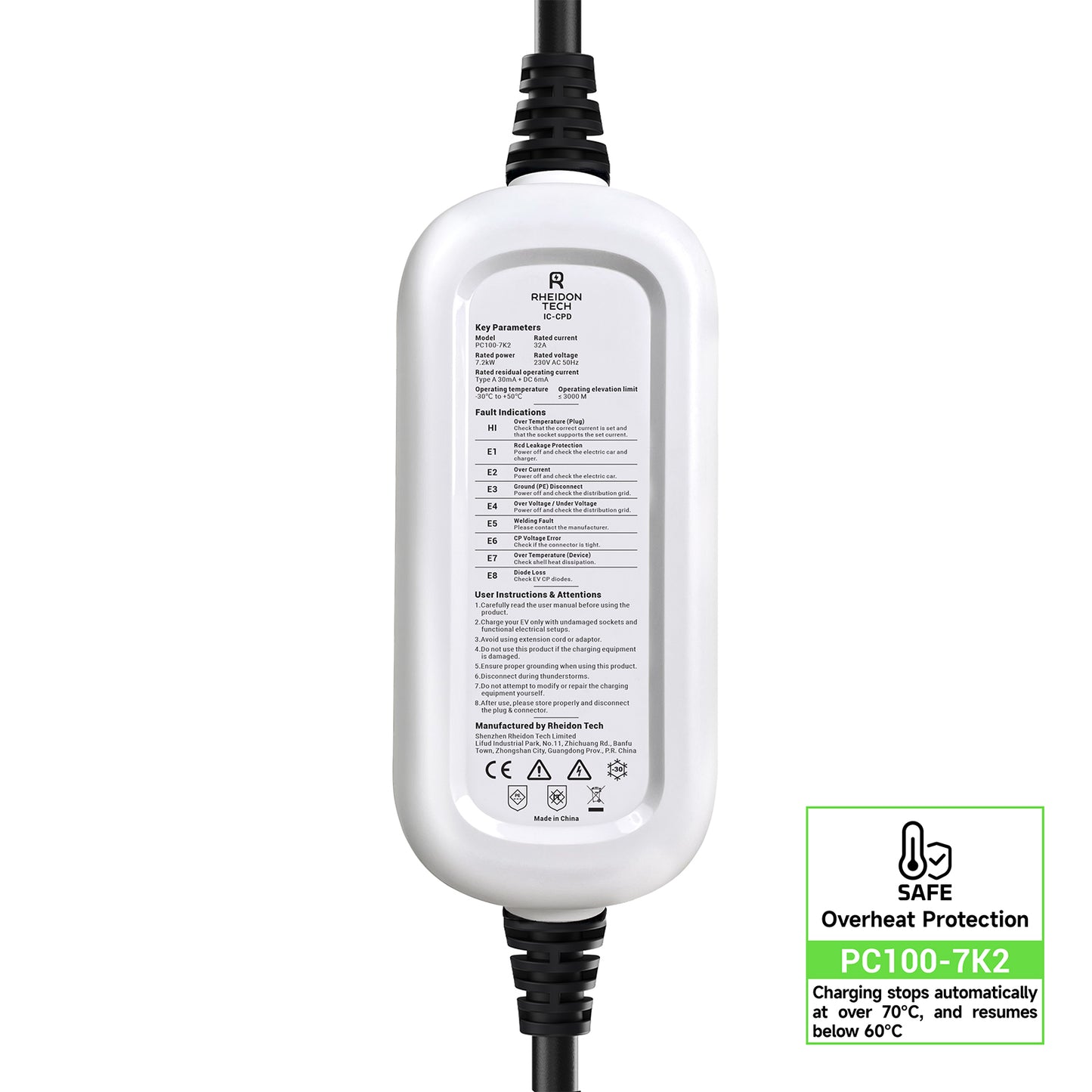 Încărcător portabil EV Rheidon 7,2 kW